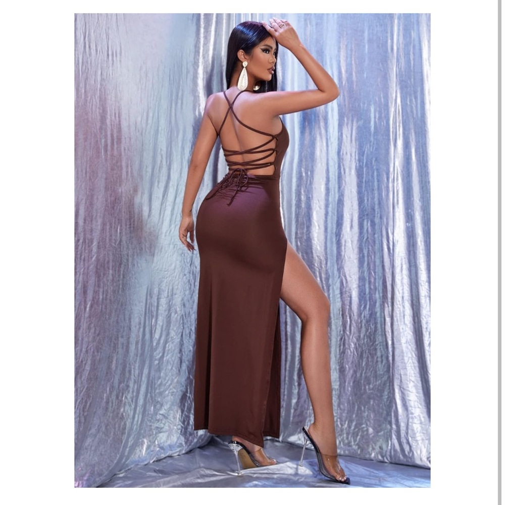 Lace Up Back Split Thigh Crisscross Maxi Party Dress Coffee Brown Medium